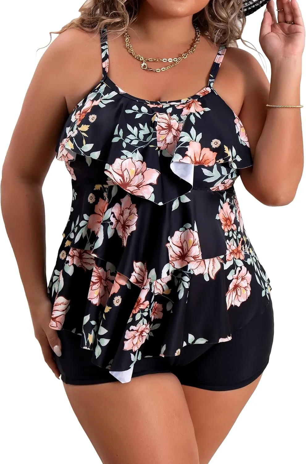 B2prity Women Plus Size Tankini Swimsuits Tummy Control Two Piece Bathing Suit Ruffled Flounce Swimwear with Shorts