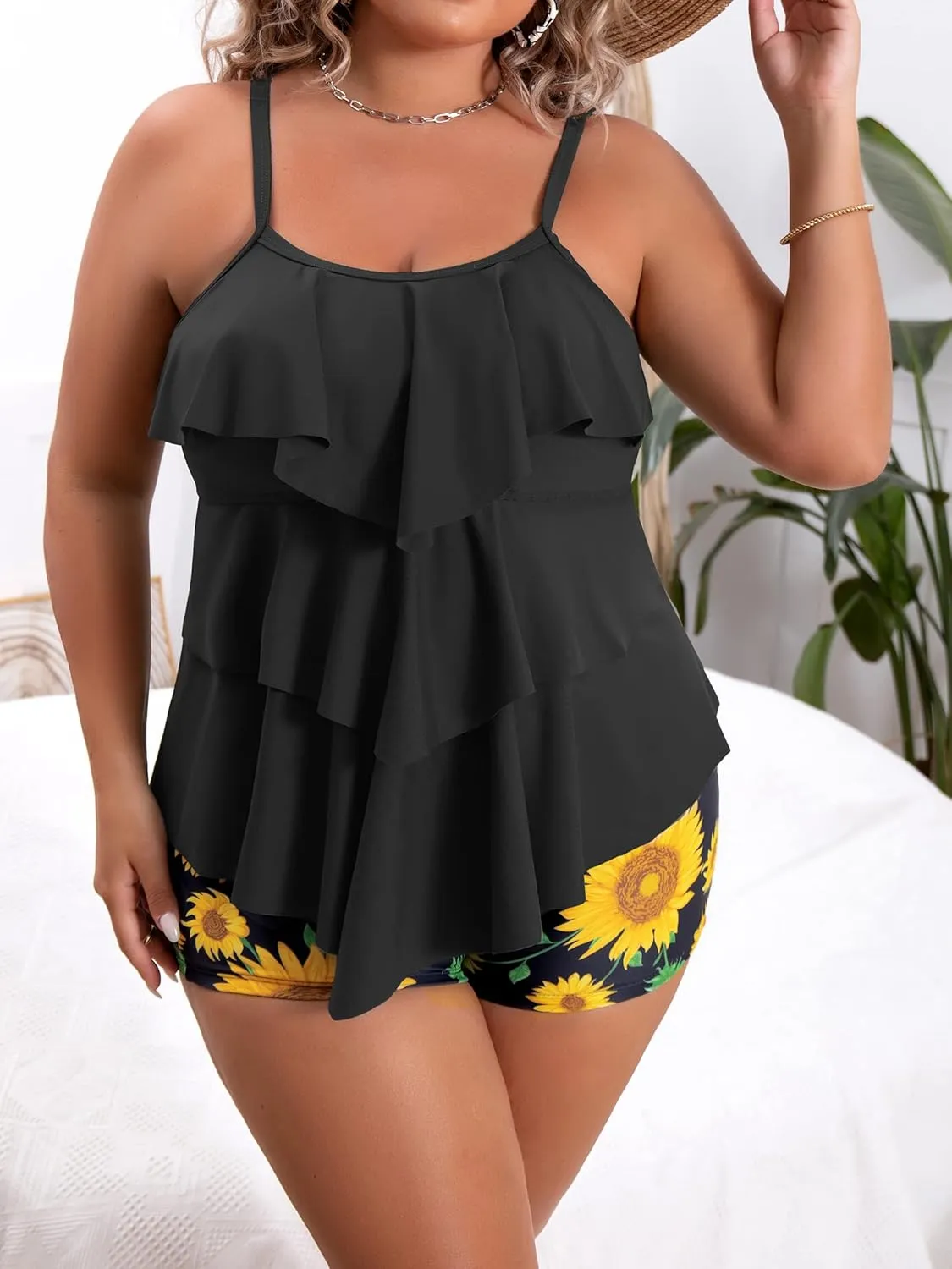 B2prity Women Plus Size Tankini Swimsuits Tummy Control Two Piece Bathing Suit Ruffled Flounce Swimwear with Shorts