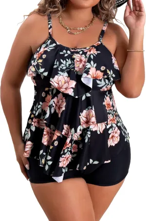 B2prity Women Plus Size Tankini Swimsuits Tummy Control Two Piece Bathing Suit Ruffled Flounce Swimwear with Shorts