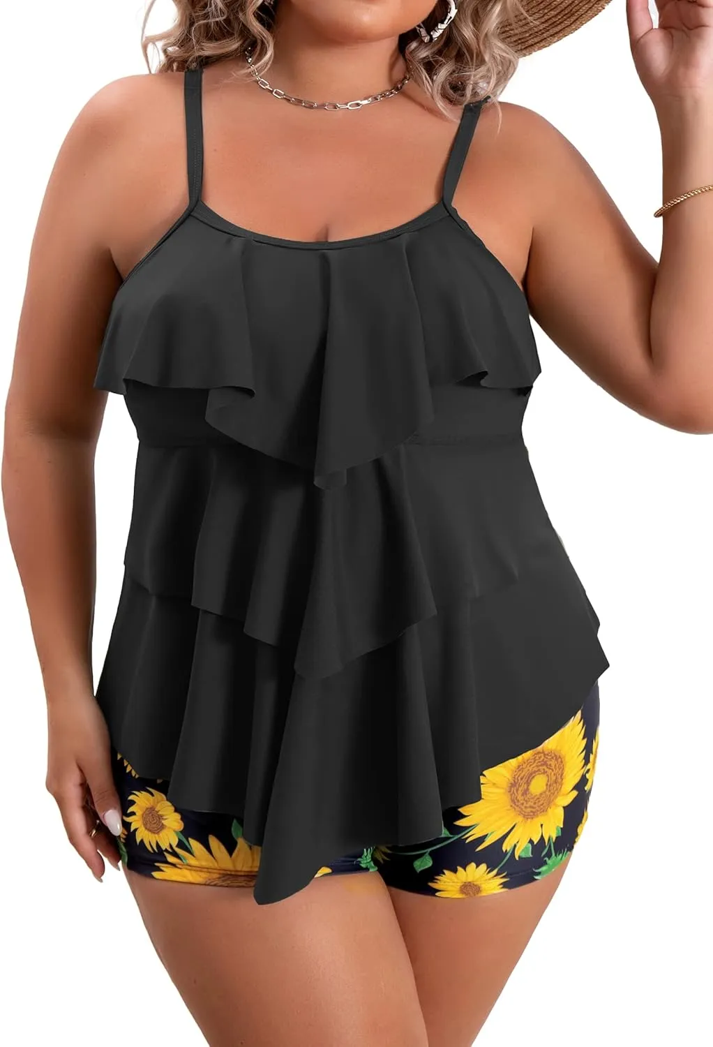B2prity Women Plus Size Tankini Swimsuits Tummy Control Two Piece Bathing Suit Ruffled Flounce Swimwear with Shorts