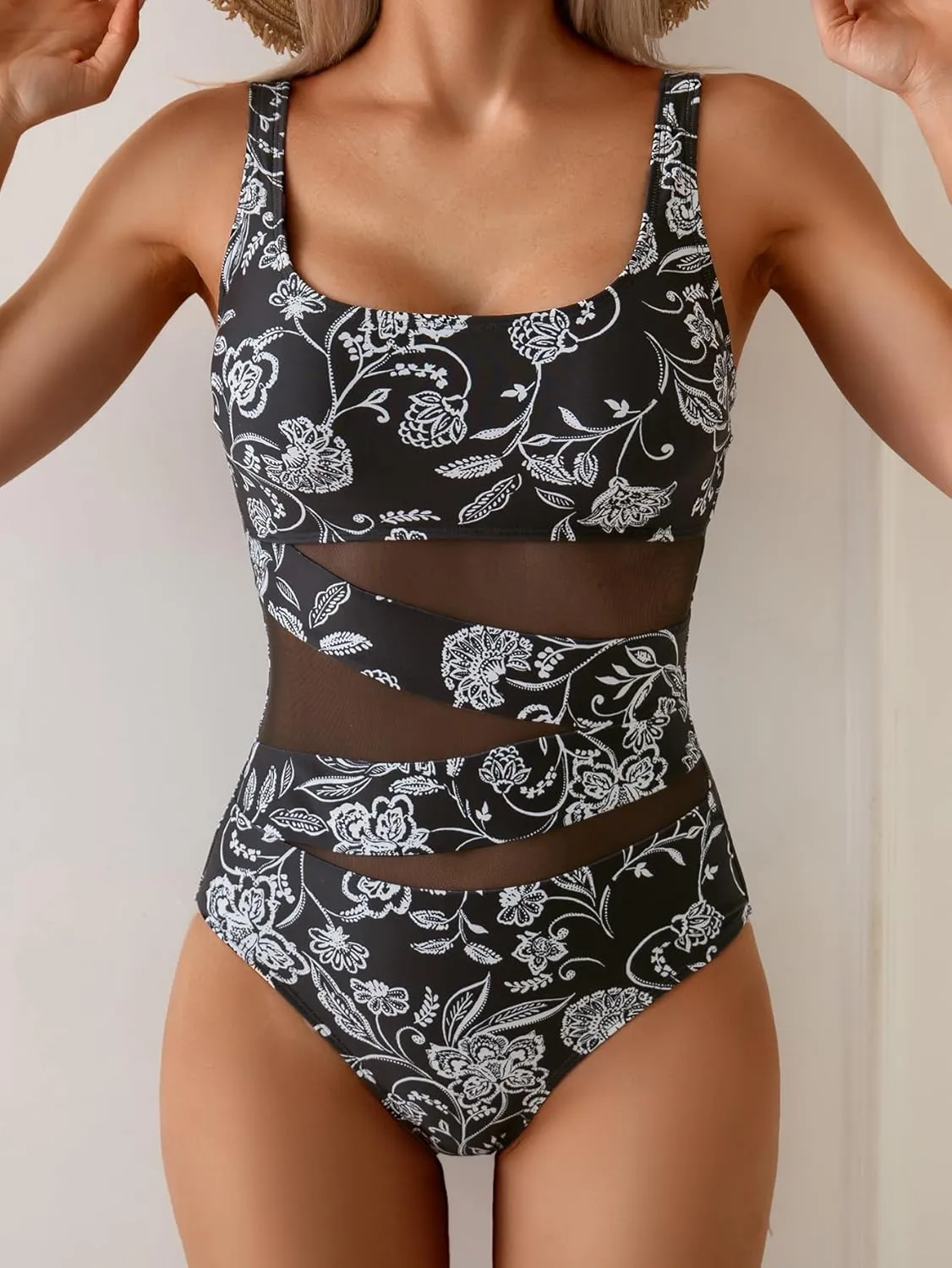 B2prity Women's Mesh One Piece Swimsuit Tummy Control Sexy Bathing Suit Push Up Swim Suit Slimming Swimwear