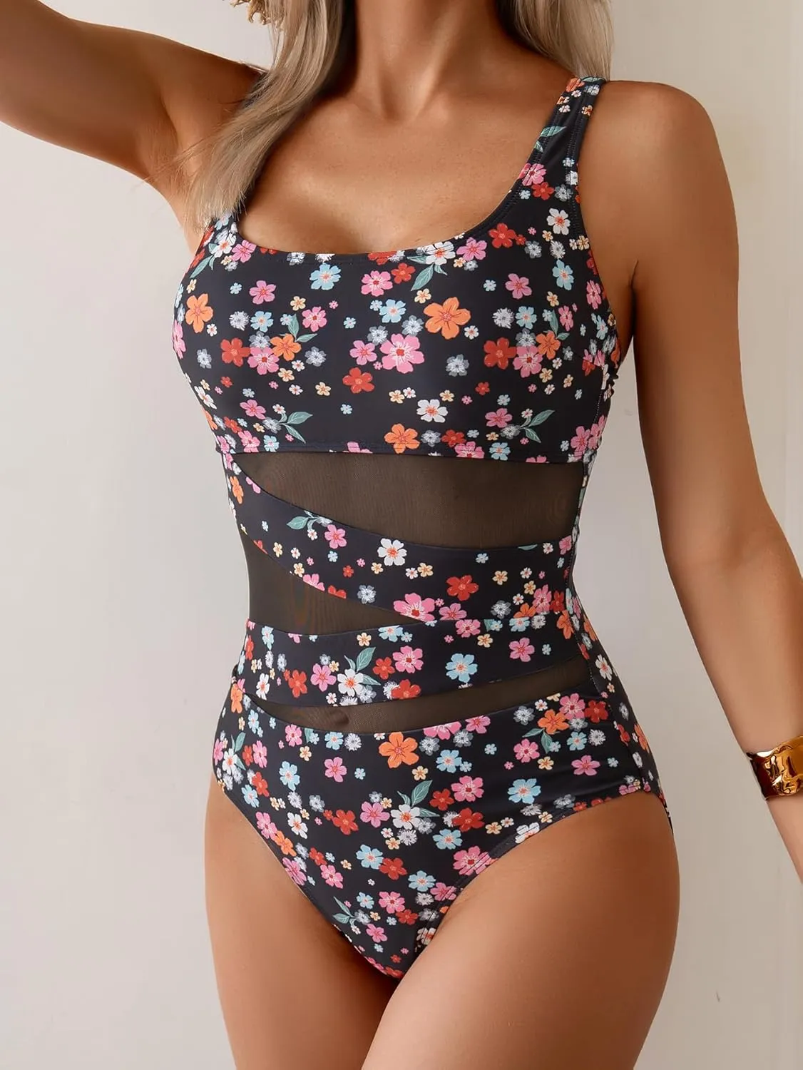 B2prity Women's Mesh One Piece Swimsuit Tummy Control Sexy Bathing Suit Push Up Swim Suit Slimming Swimwear