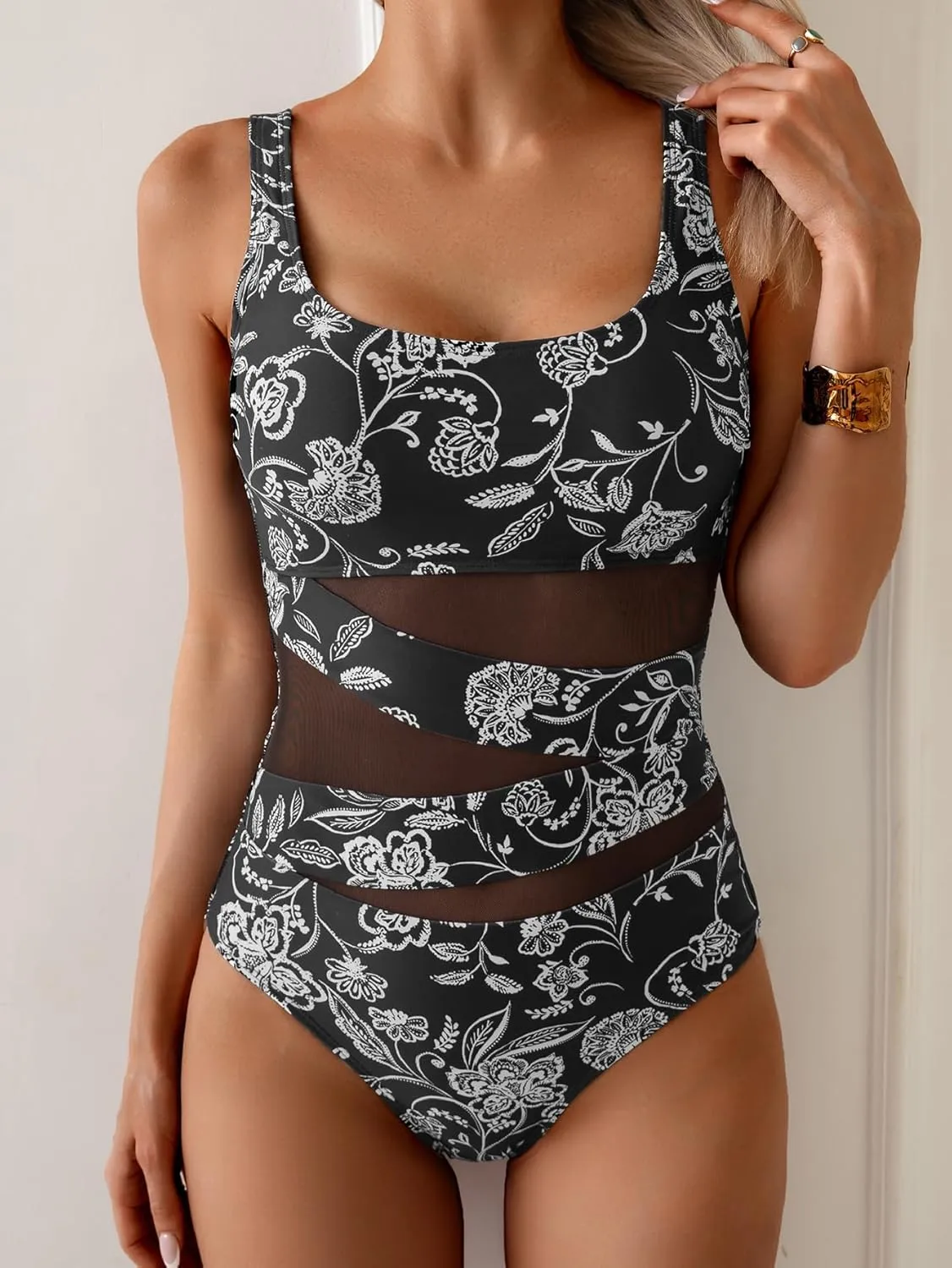B2prity Women's Mesh One Piece Swimsuit Tummy Control Sexy Bathing Suit Push Up Swim Suit Slimming Swimwear