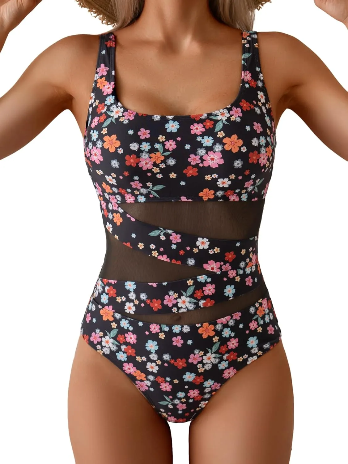 B2prity Women's Mesh One Piece Swimsuit Tummy Control Sexy Bathing Suit Push Up Swim Suit Slimming Swimwear