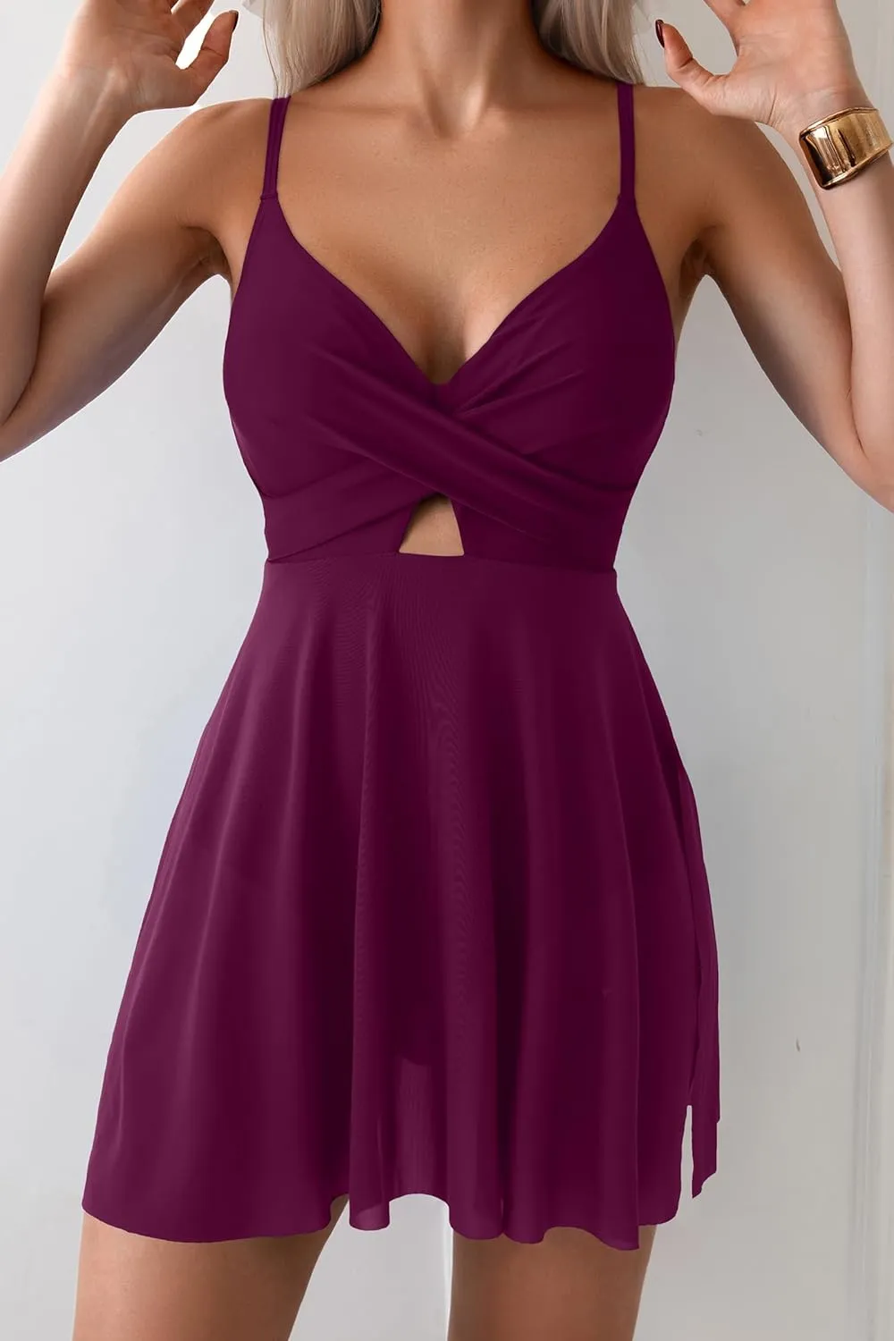 B2prity Women's One Piece Swim Dress Wrap Swimsuits Tummy Control Cutout Bathing Suit Mesh Split Hem Swimdess