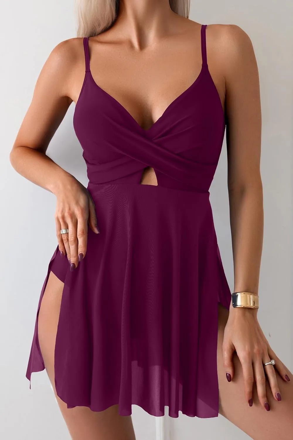 B2prity Women's One Piece Swim Dress Wrap Swimsuits Tummy Control Cutout Bathing Suit Mesh Split Hem Swimdess