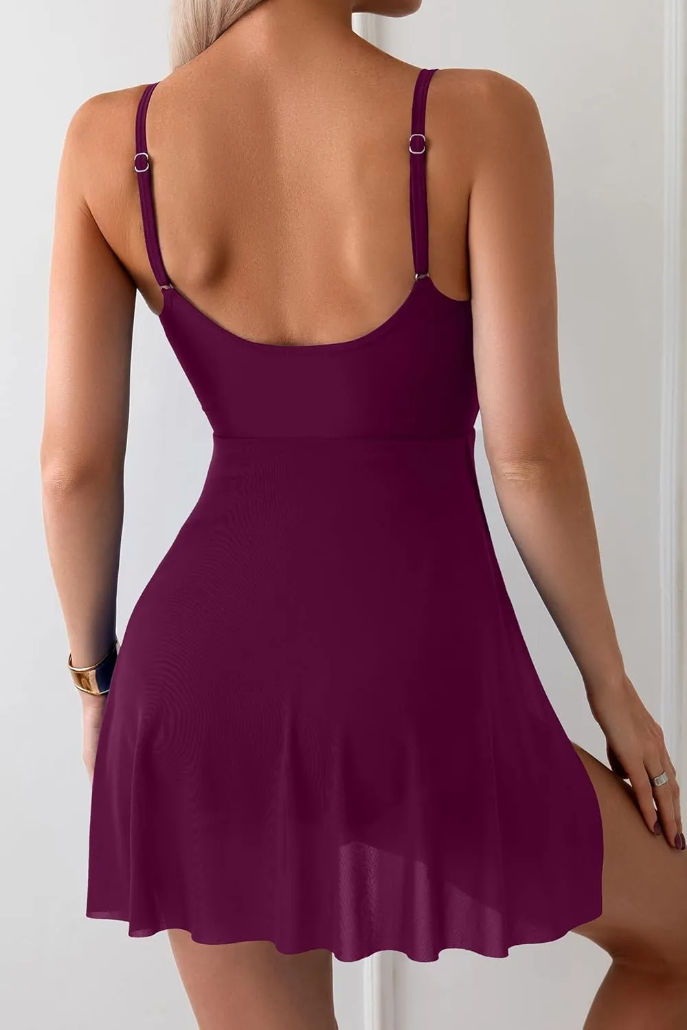 B2prity Women's One Piece Swim Dress Wrap Swimsuits Tummy Control Cutout Bathing Suit Mesh Split Hem Swimdess