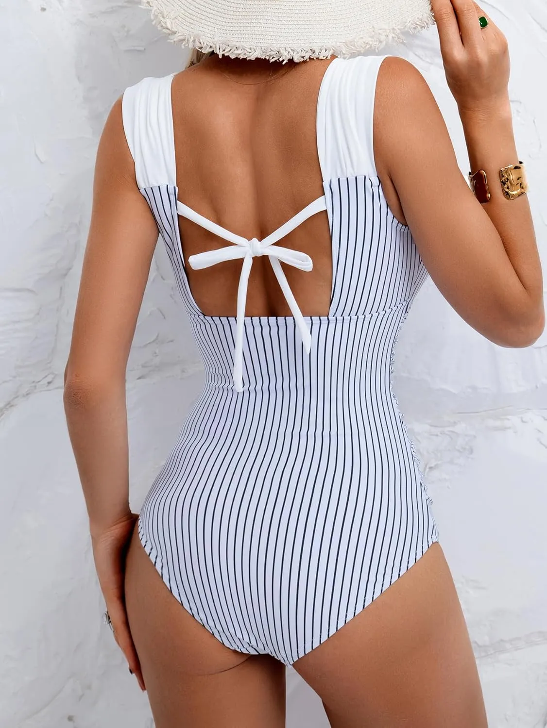 B2prity Womens One Piece Swimsuit Retro Square Neck Tummy Control Bathing Suits Ruched Modest Full Coverage Swimwear