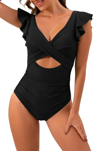 B2prity Women's One Piece Swimsuit Ruffle Cutout Bathing Suits Slimming Tummy Control V Neck Wrap Swimwear