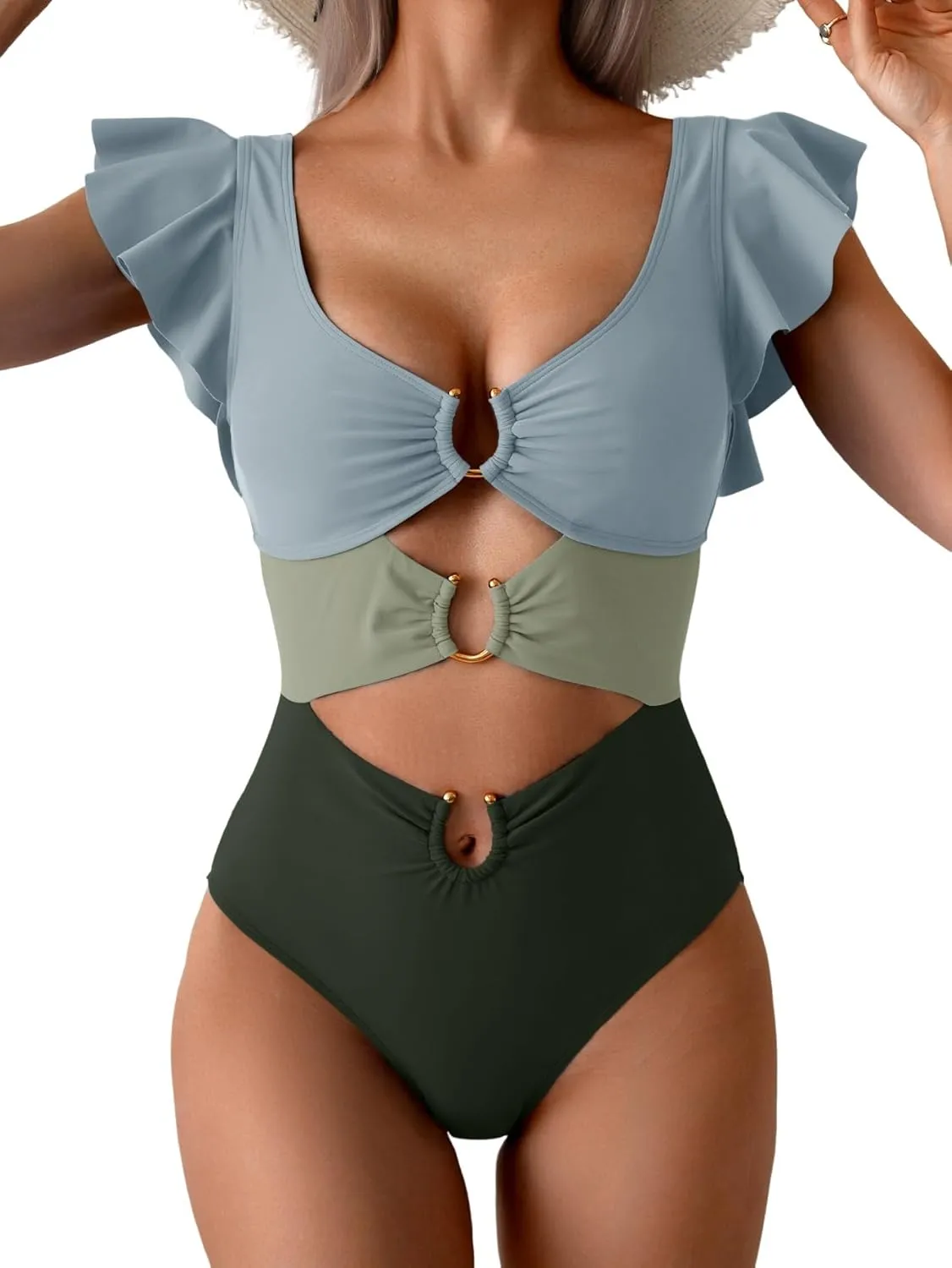 B2prity Women's One Piece Swimsuit Ruffle Sleeve Cut Out Bathing Suit Tie Back High Waisted Swim Suit