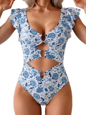 B2prity Women's One Piece Swimsuit Ruffle Sleeve Cut Out Bathing Suit Tie Back High Waisted Swim Suit