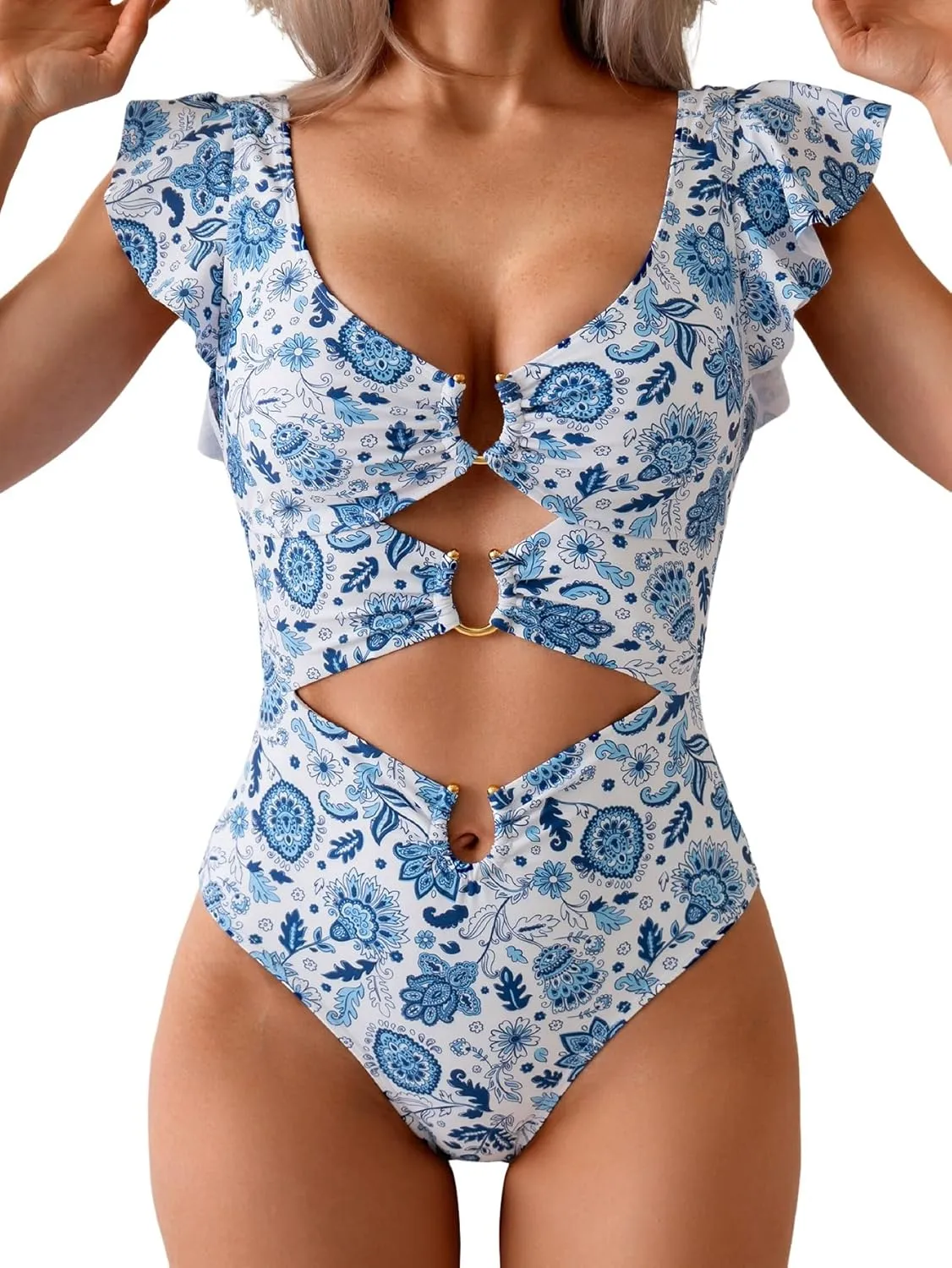 B2prity Women's One Piece Swimsuit Ruffle Sleeve Cut Out Bathing Suit Tie Back High Waisted Swim Suit