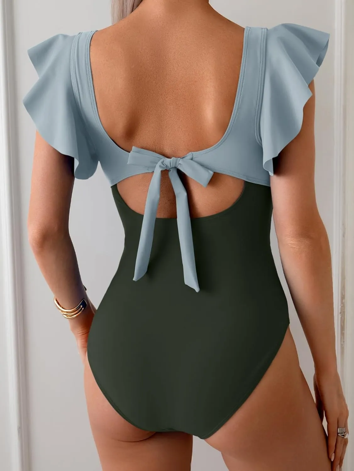 B2prity Women's One Piece Swimsuit Ruffle Sleeve Cut Out Bathing Suit Tie Back High Waisted Swim Suit