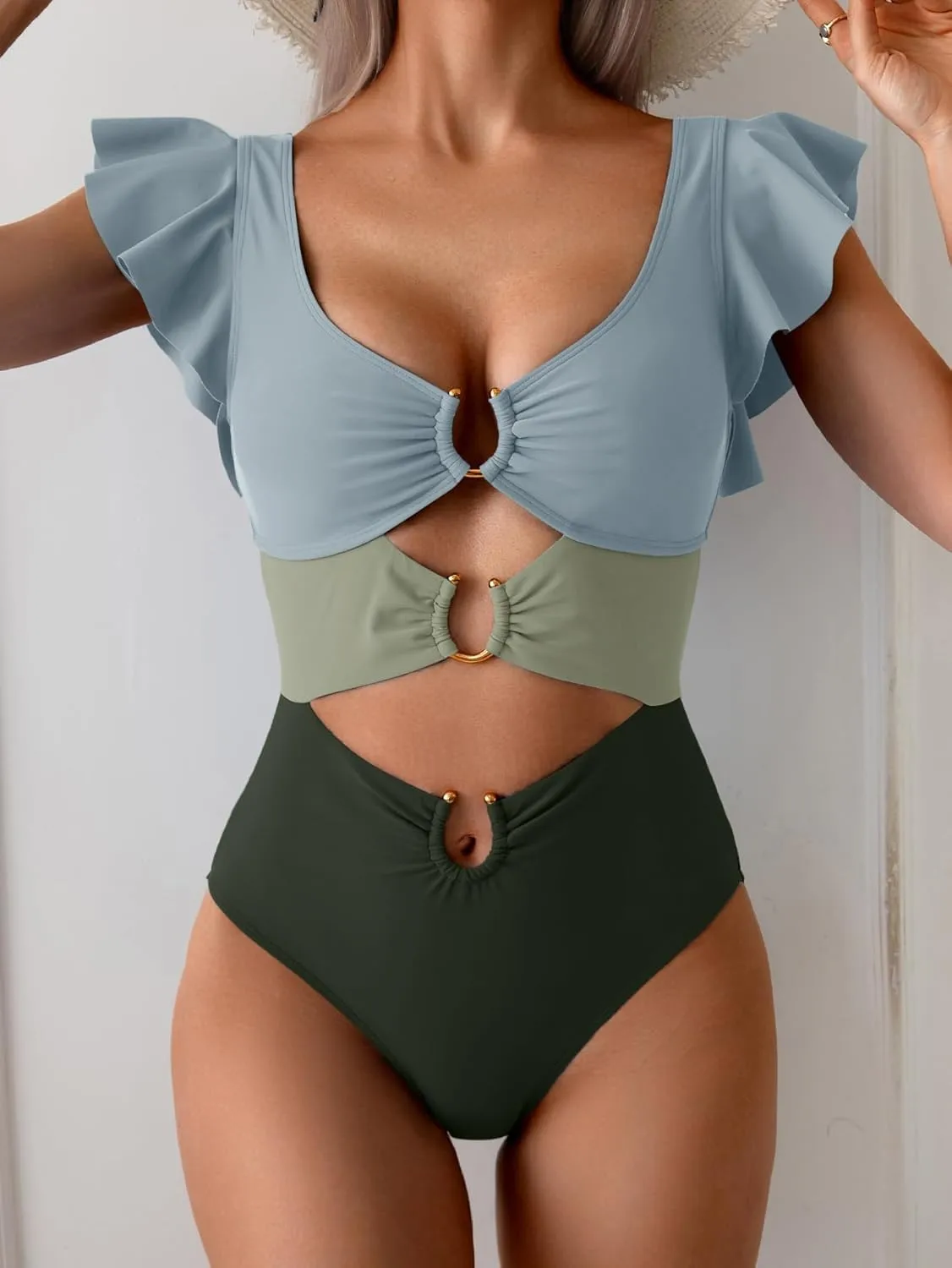 B2prity Women's One Piece Swimsuit Ruffle Sleeve Cut Out Bathing Suit Tie Back High Waisted Swim Suit