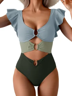 B2prity Women's One Piece Swimsuit Ruffle Sleeve Cut Out Bathing Suit Tie Back High Waisted Swim Suit