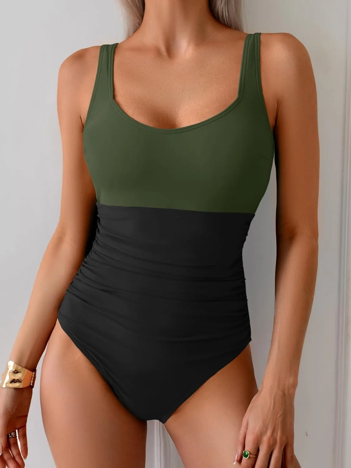 B2prity Womens One Piece Swimsuit Tummy Control Slimming Bathing Suit High Waisted Ruched Swim Suit Color Block Swimwear