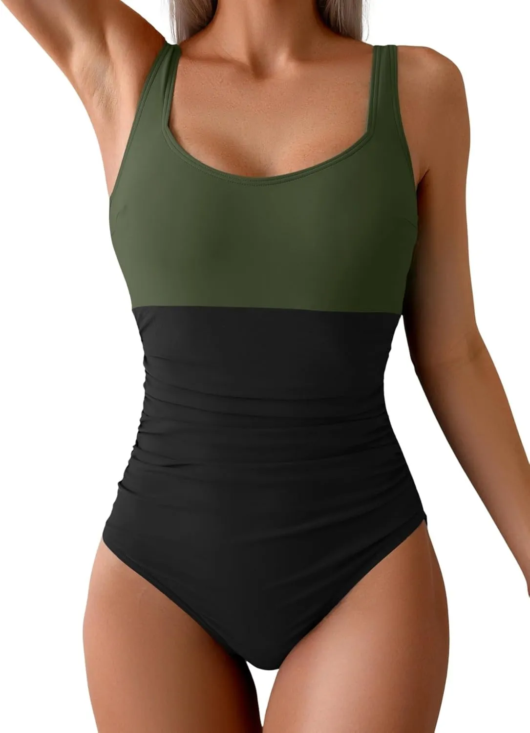 B2prity Womens One Piece Swimsuit Tummy Control Slimming Bathing Suit High Waisted Ruched Swim Suit Color Block Swimwear