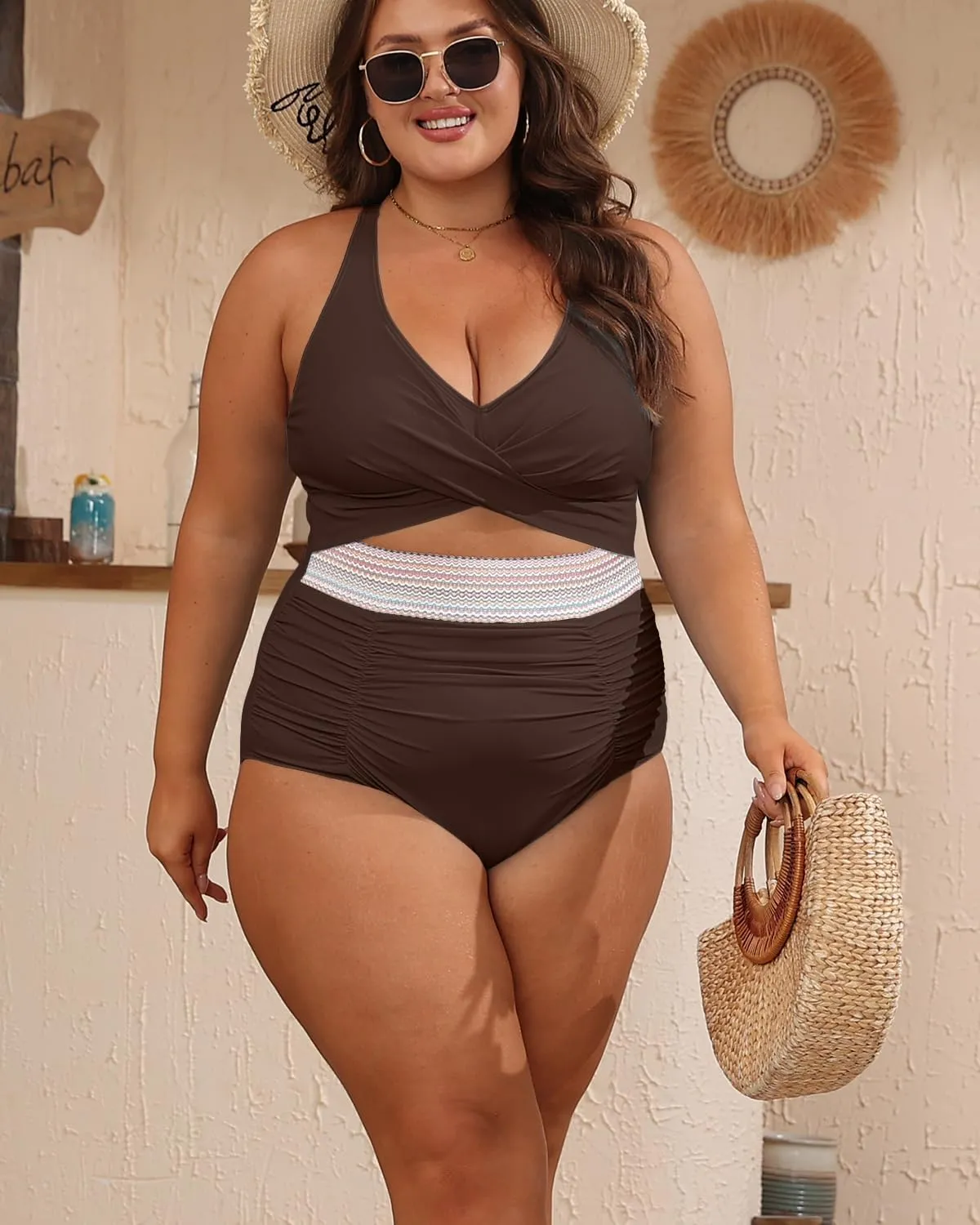 B2prity Women's Plus Size One Piece Swimsuit Tummy Control V Neck Bathing Suit Ruched High Waisted Cutout Swimwear