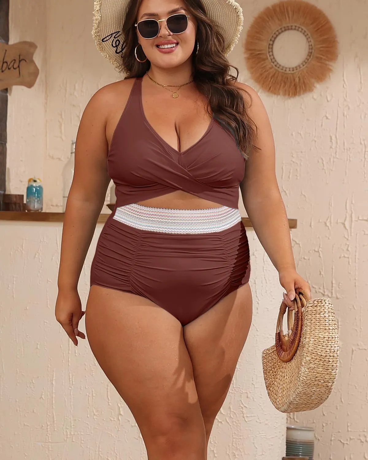 B2prity Women's Plus Size One Piece Swimsuit Tummy Control V Neck Bathing Suit Ruched High Waisted Cutout Swimwear