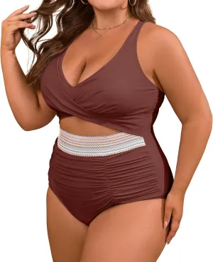 B2prity Women's Plus Size One Piece Swimsuit Tummy Control V Neck Bathing Suit Ruched High Waisted Cutout Swimwear