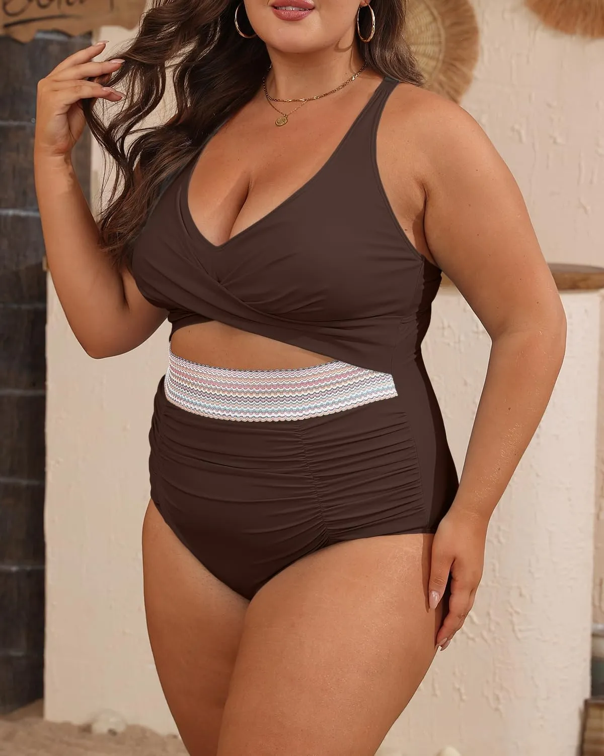 B2prity Women's Plus Size One Piece Swimsuit Tummy Control V Neck Bathing Suit Ruched High Waisted Cutout Swimwear