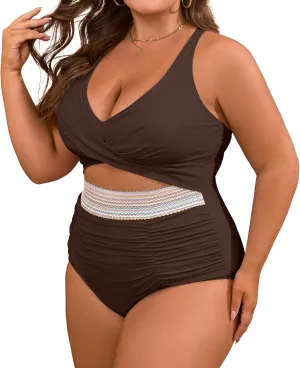 B2prity Women's Plus Size One Piece Swimsuit Tummy Control V Neck Bathing Suit Ruched High Waisted Cutout Swimwear