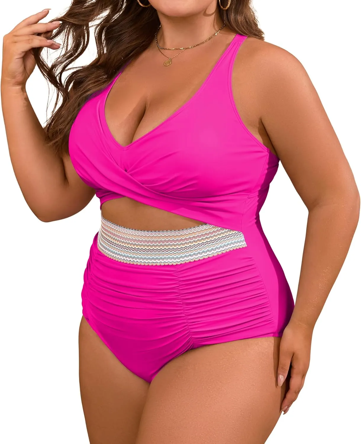 B2prity Women's Plus Size One Piece Swimsuit Tummy Control V Neck Bathing Suit Ruched High Waisted Cutout Swimwear