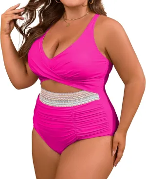 B2prity Women's Plus Size One Piece Swimsuit Tummy Control V Neck Bathing Suit Ruched High Waisted Cutout Swimwear