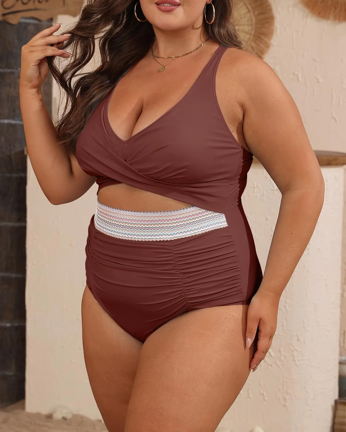 B2prity Women's Plus Size One Piece Swimsuit Tummy Control V Neck Bathing Suit Ruched High Waisted Cutout Swimwear