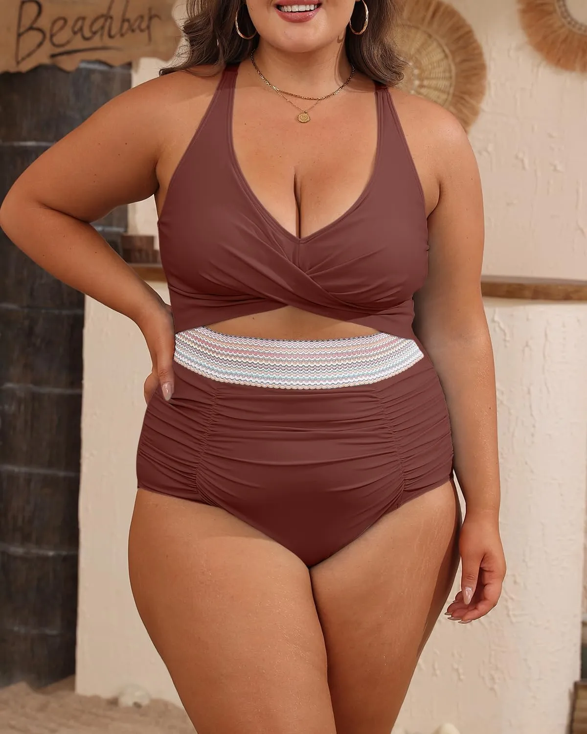 B2prity Women's Plus Size One Piece Swimsuit Tummy Control V Neck Bathing Suit Ruched High Waisted Cutout Swimwear