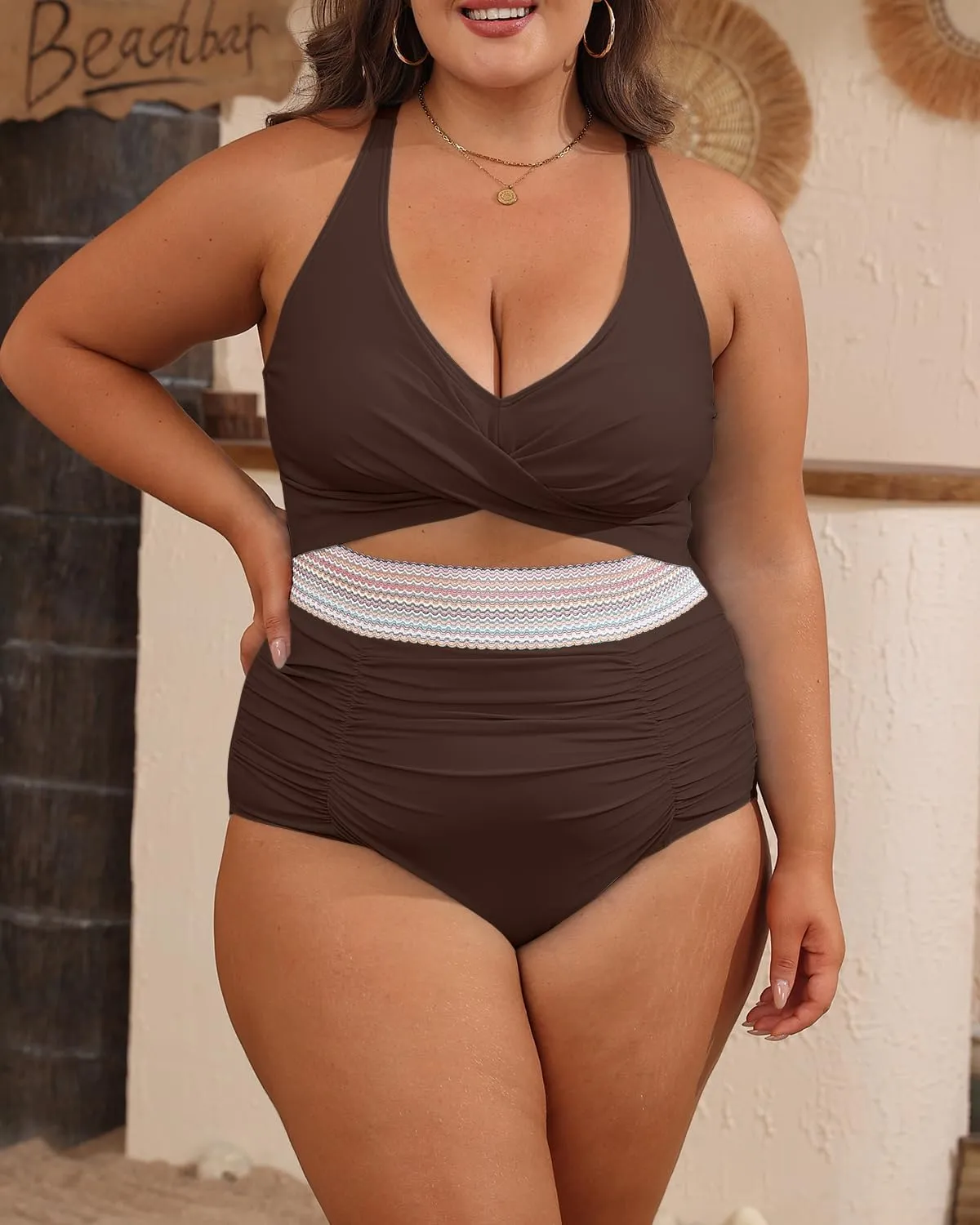 B2prity Women's Plus Size One Piece Swimsuit Tummy Control V Neck Bathing Suit Ruched High Waisted Cutout Swimwear