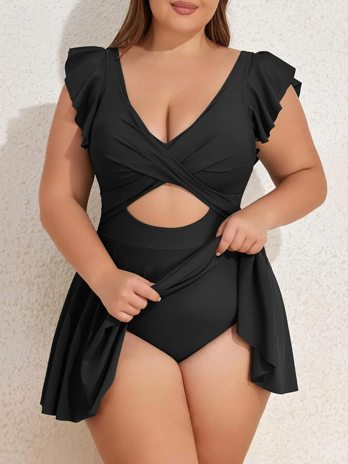 B2prity Women's Plus Size Swimsuit Tummy Control One Piece Swimdress Ruffle V Neck Cutout Wrap Bathing Suit with Skirt