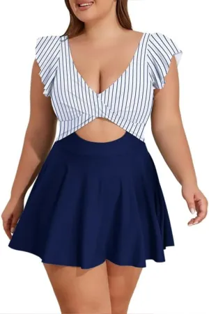 B2prity Women's Plus Size Swimsuit Tummy Control One Piece Swimdress Ruffle V Neck Cutout Wrap Bathing Suit with Skirt
