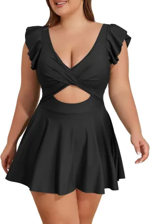 B2prity Women's Plus Size Swimsuit Tummy Control One Piece Swimdress Ruffle V Neck Cutout Wrap Bathing Suit with Skirt