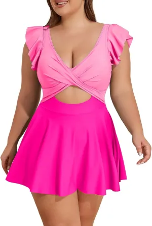 B2prity Women's Plus Size Swimsuit Tummy Control One Piece Swimdress Ruffle V Neck Cutout Wrap Bathing Suit with Skirt
