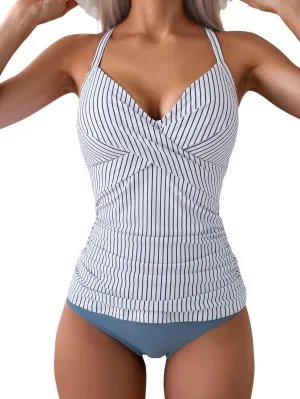 B2prity Women's Ruched Tankini Swimsuits V Neck Wrap Tie Back Two Pieces Bathing Suit Tummy Control Swimwear