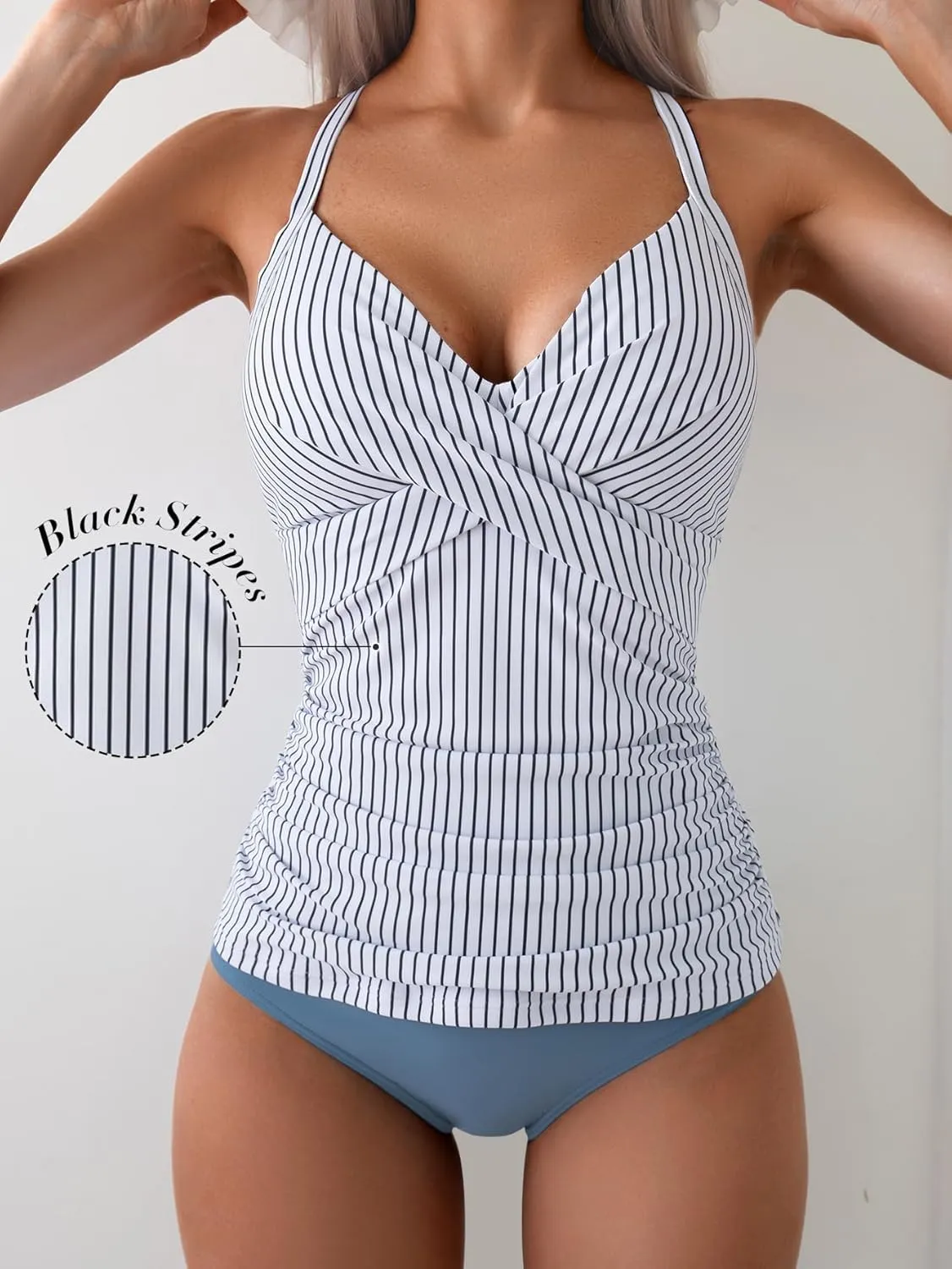 B2prity Women's Ruched Tankini Swimsuits V Neck Wrap Tie Back Two Pieces Bathing Suit Tummy Control Swimwear