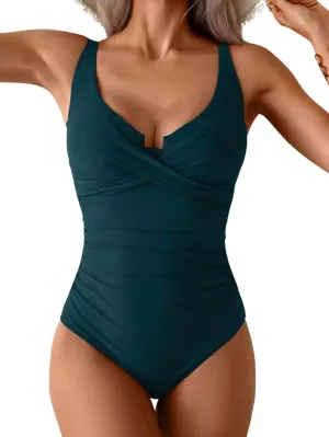 B2prity Women's Underwire One Piece Swimsuit Tummy Control Ruched Bathing Suit Criss Cross V Neck Swimwear