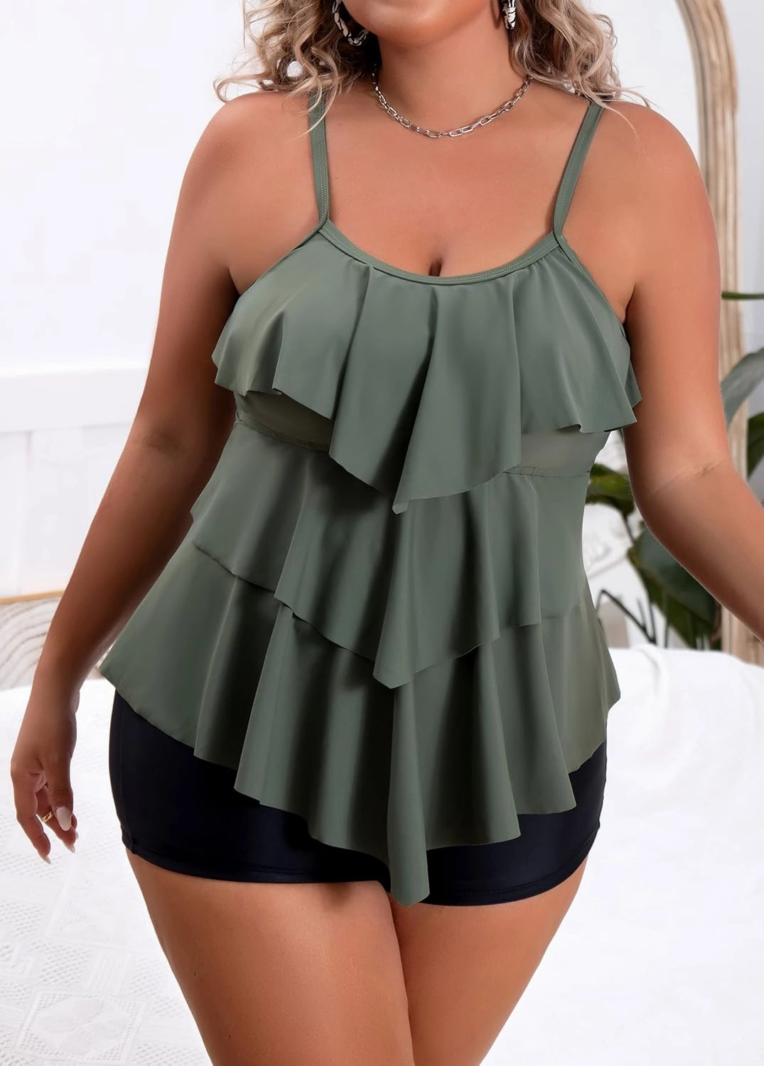 B2prity Women Plus Size Tankini Swimsuits Tummy Control Two Piece Bathing Suit Ruffled Flounce Swimwear with Shorts