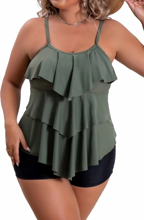 B2prity Women Plus Size Tankini Swimsuits Tummy Control Two Piece Bathing Suit Ruffled Flounce Swimwear with Shorts