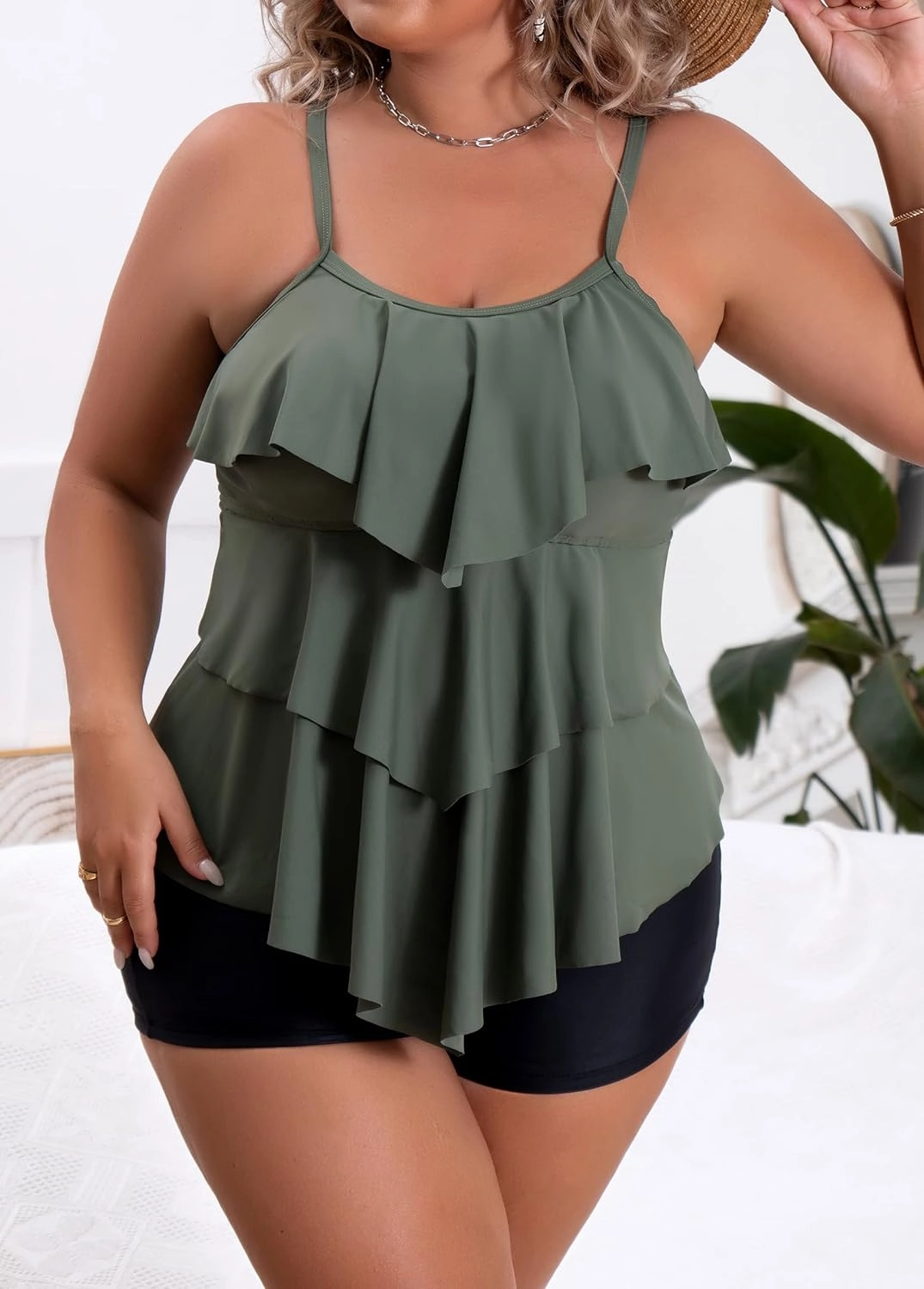 B2prity Women Plus Size Tankini Swimsuits Tummy Control Two Piece Bathing Suit Ruffled Flounce Swimwear with Shorts