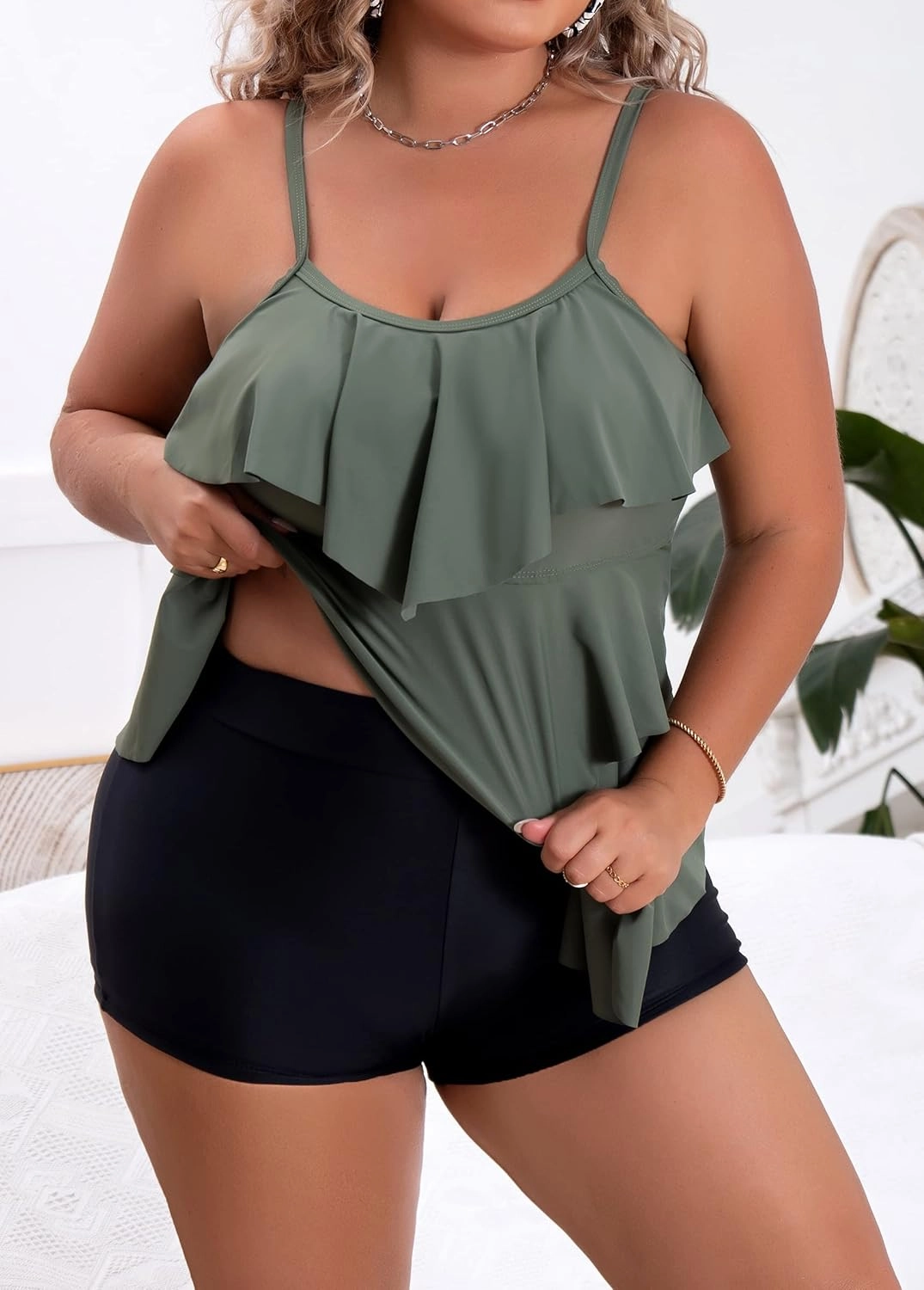 B2prity Women Plus Size Tankini Swimsuits Tummy Control Two Piece Bathing Suit Ruffled Flounce Swimwear with Shorts