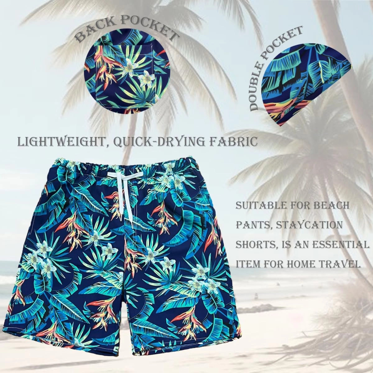 Beach Shorts for Men Summer 3-Pockets Quick-Dry Tropical Tree Printing Lace-Up Beach Shorts Swim Trunks Mens