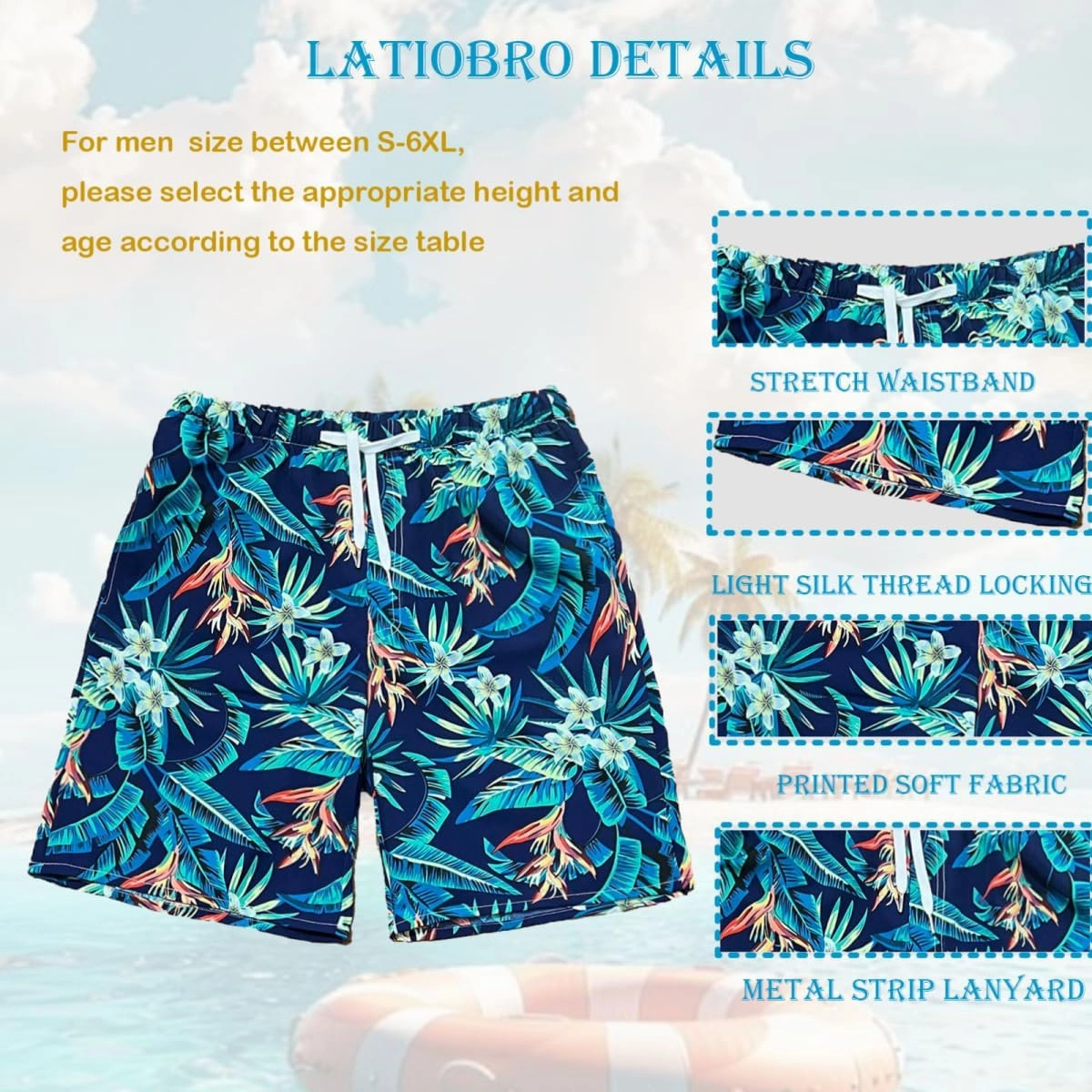 Beach Shorts for Men Summer 3-Pockets Quick-Dry Tropical Tree Printing Lace-Up Beach Shorts Swim Trunks Mens