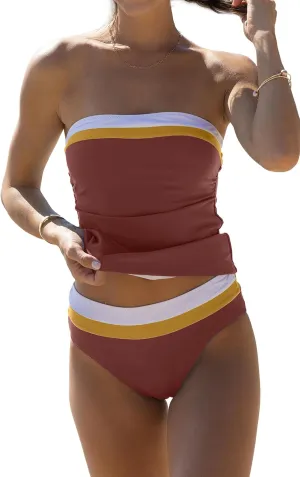 Beachsissi Bandeau Swimsuits for Women Strapless Swimwear Bathing Suits Tummy Control Color Block Tankini Sets