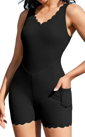 beautyin Womens Athletic One Piece Swimsuit Ribbed Boyleg Side Pocket Bathing Suit
