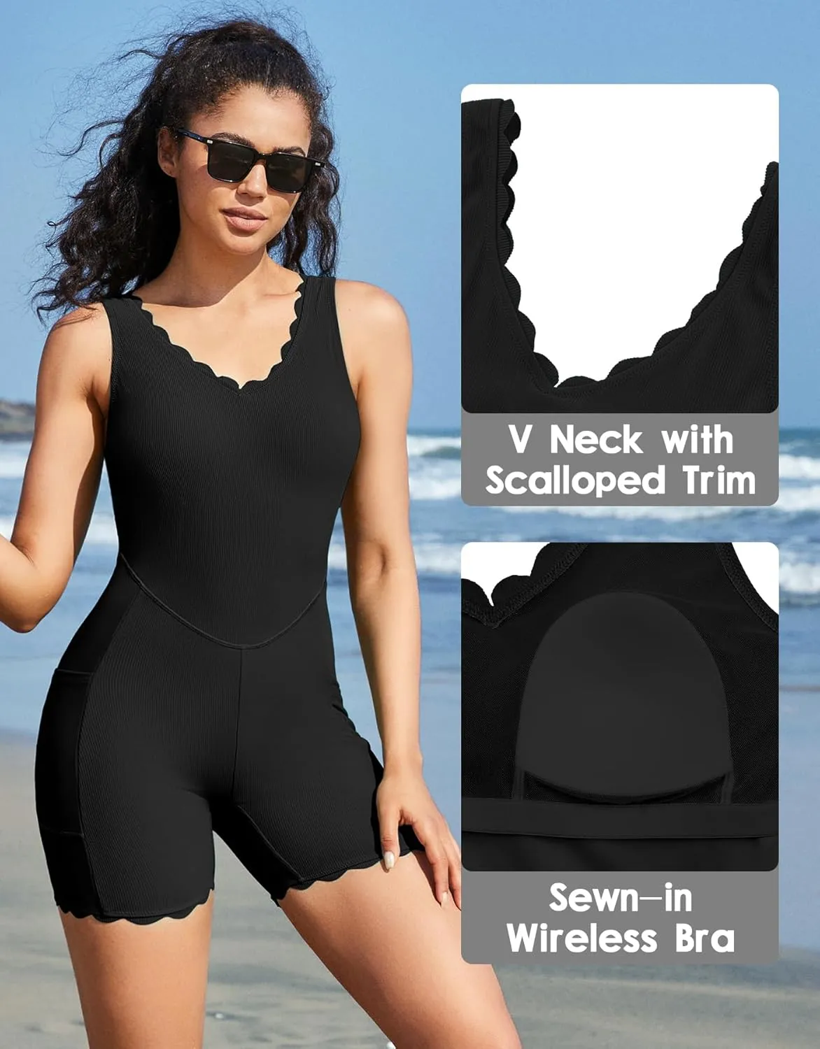 beautyin Womens Athletic One Piece Swimsuit Ribbed Boyleg Side Pocket Bathing Suit