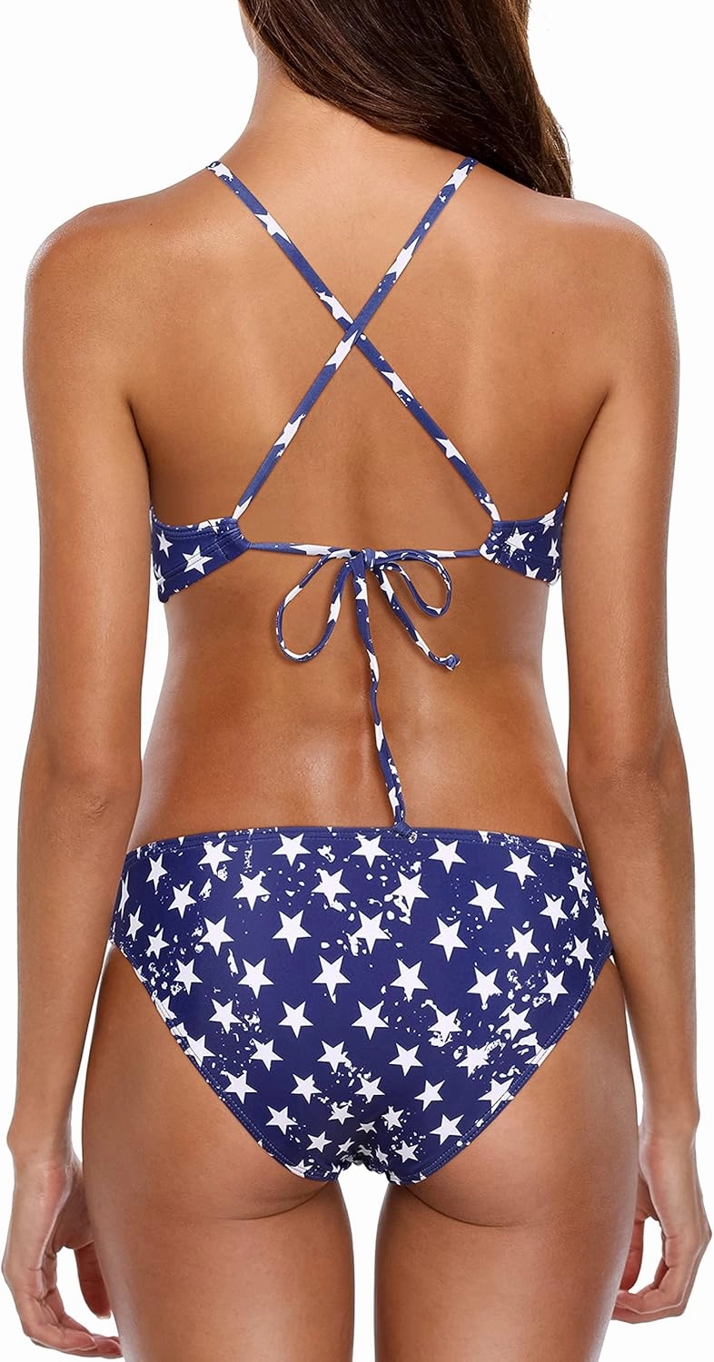 beautyin Womens Floral Striped Halter High Neck Bikini Swimsuit Set Cross Back