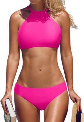 beautyin Womens Floral Striped Halter High Neck Bikini Swimsuit Set Cross Back