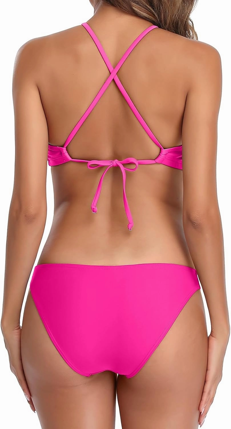 beautyin Womens Floral Striped Halter High Neck Bikini Swimsuit Set Cross Back